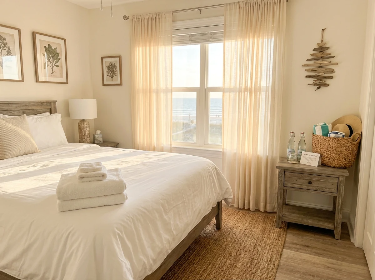 Guest-ready coastal bedroom with folded towels and an ocean view, ready for a short-term rental turnover