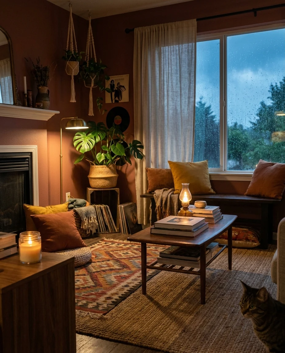 Cozy, freshly reset living room with warm fall tones