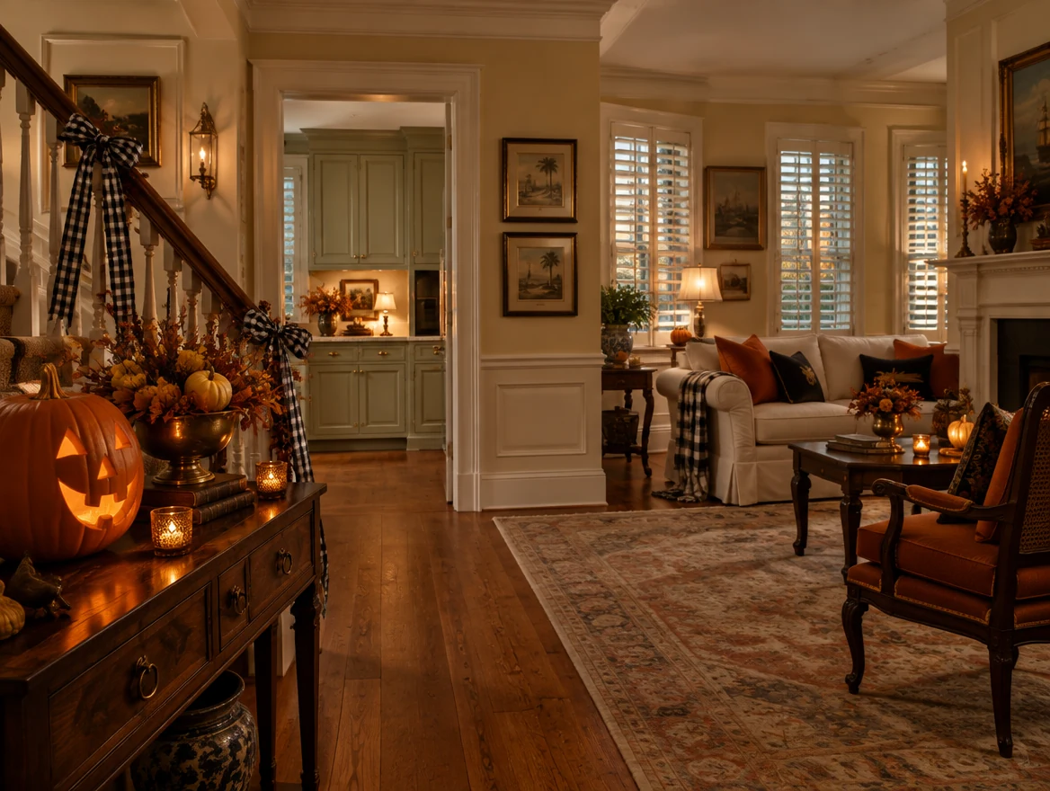 Heritage-style entryway decorated for Halloween with a carved pumpkin and fall arrangement