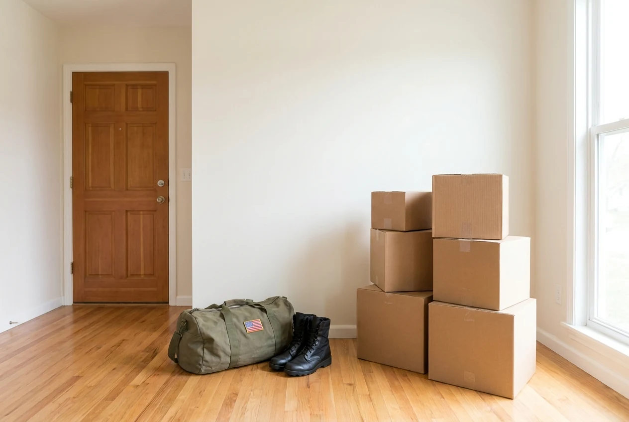 Empty room with moving boxes and a military duffel bag ready for a PCS move