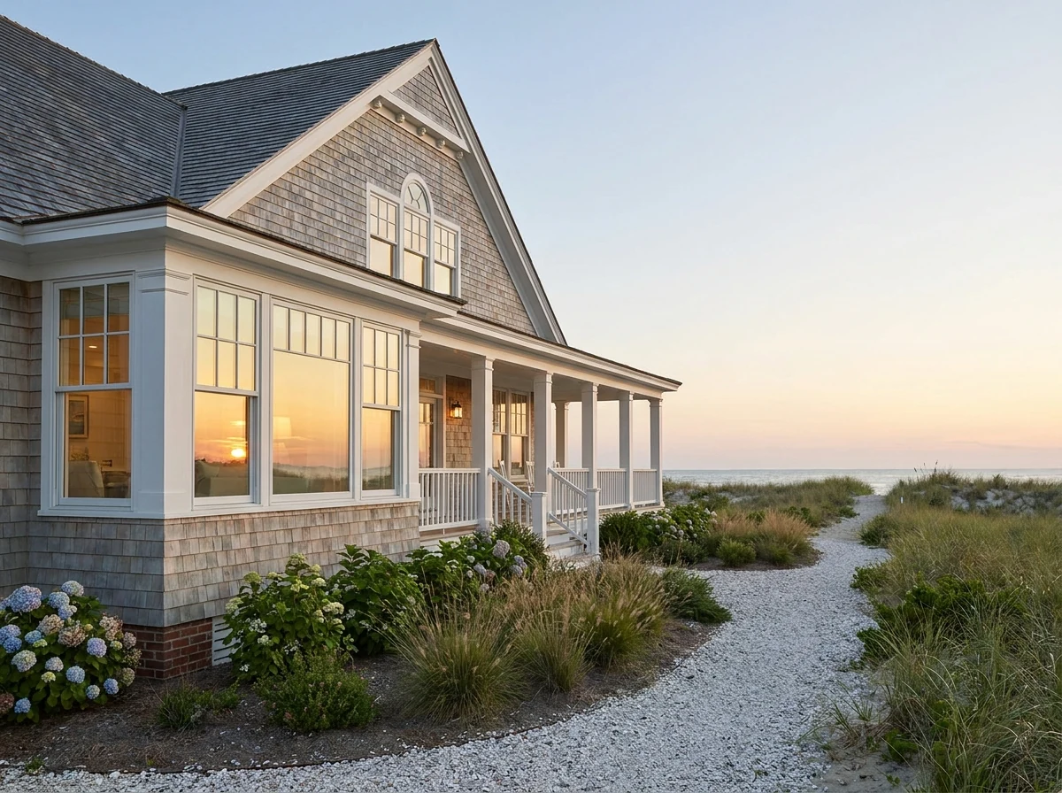 Coastal Virginia shingle-style home at sunset near the water