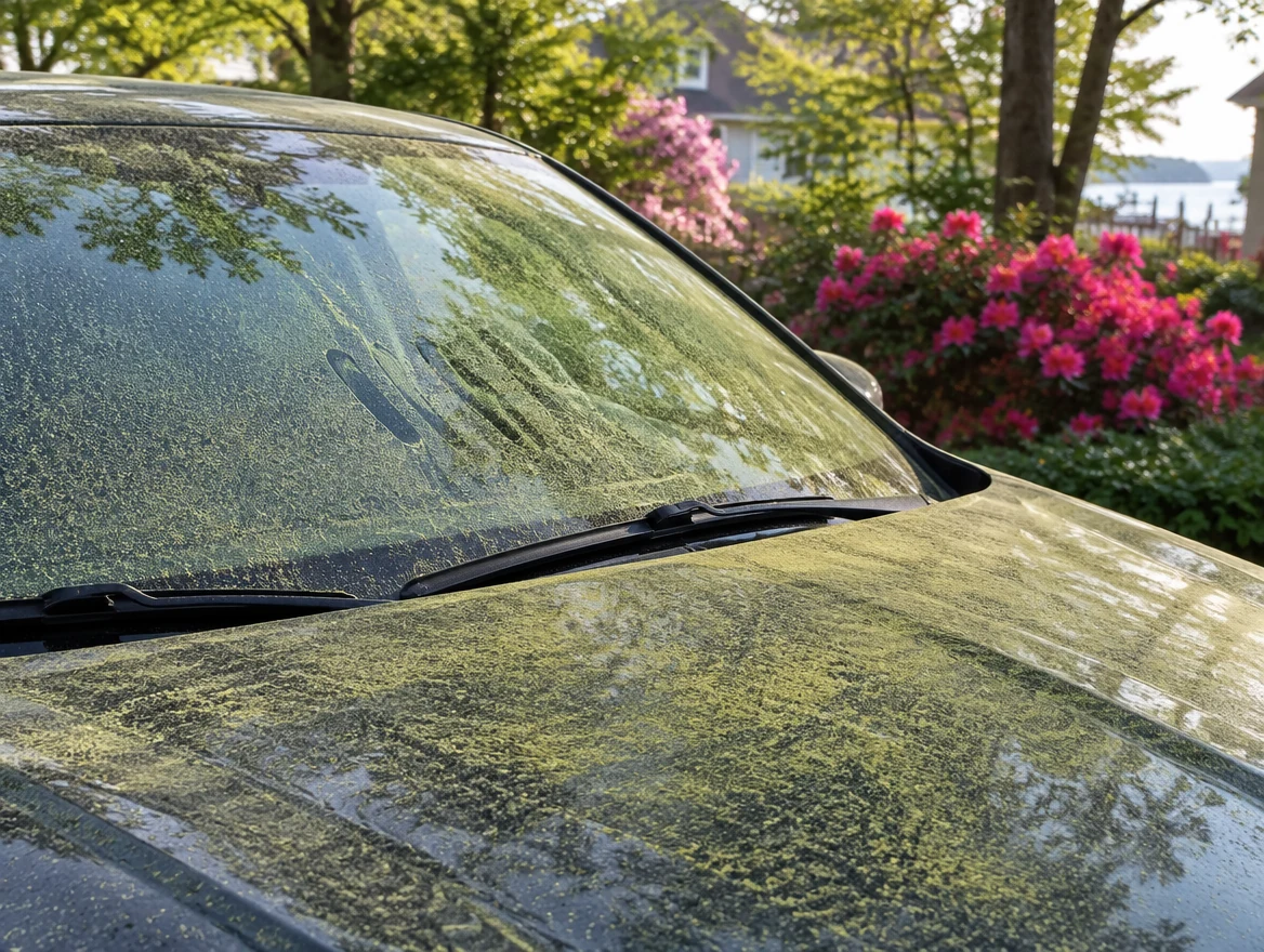 Car windshield and hood coated in a fine layer of spring pine pollen