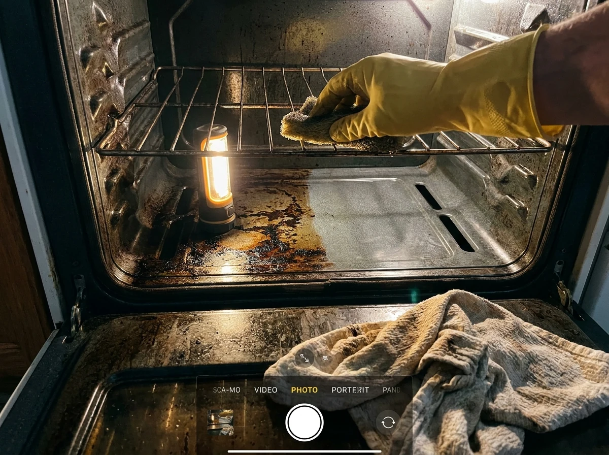 Hand in a yellow glove hand-cleaning a grimy oven interior, half done