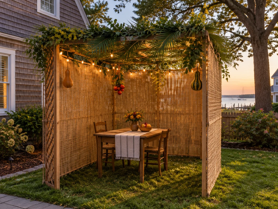 Backyard sukkah decorated with string lights and gourds for Sukkot