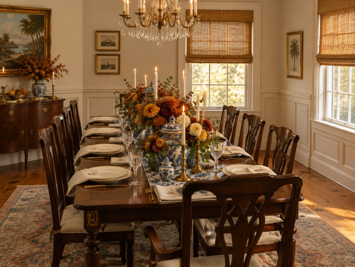 Elegant dining room set with a Thanksgiving tablescape and lit candles