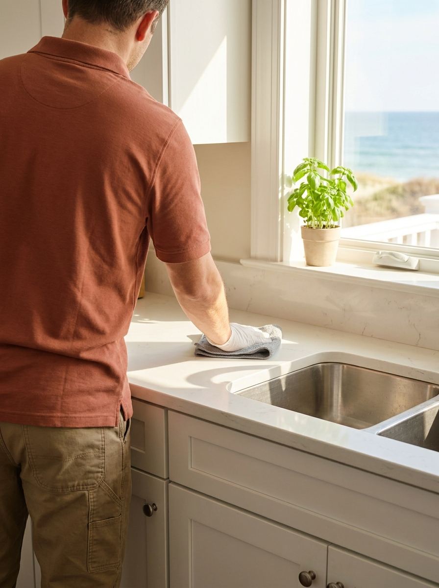 Wiping down a bright kitchen counter near a window during a post-holiday reset